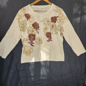 Garnet Hill Cream Floral Embroidered Cardigan Sweater Women's XL Merino Wool